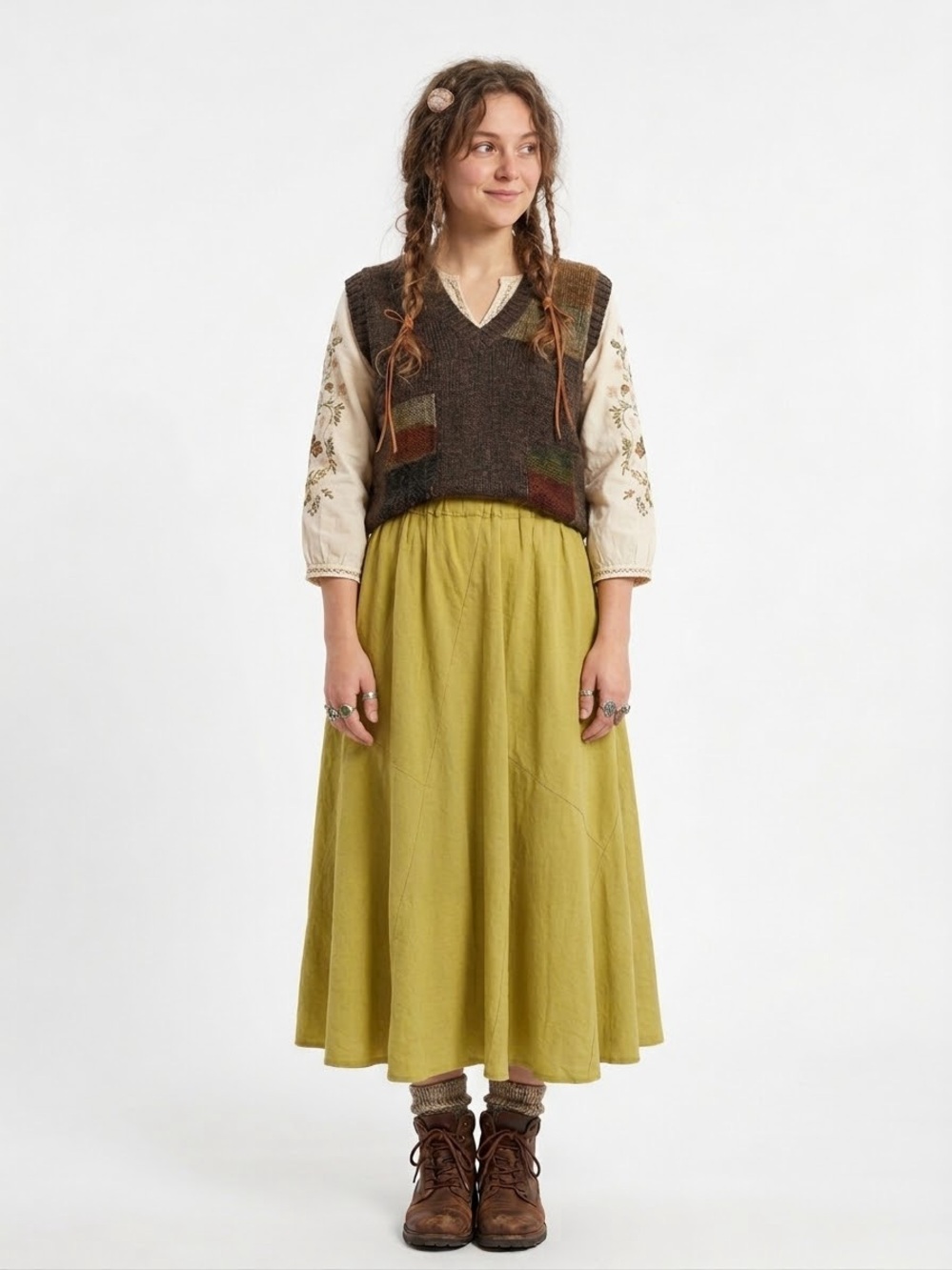 Boho Lagenlook Chartreuse Hemp Midi Skirt Goblincore Earthy Rustic Prairiecore